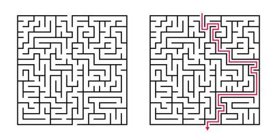 Vector Square Maze - Labyrinth with Included Solution in Black Red. Funny Educational Mind Game for Coordination, Problems Solving, Decision Making Skills Test.