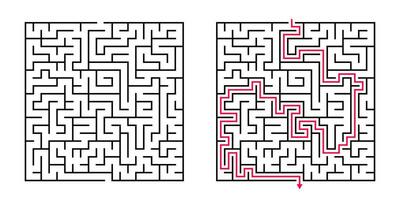 Vector Square Maze - Labyrinth with Included Solution in Black Red. Funny Educational Mind Game for Coordination, Problems Solving, Decision Making Skills Test.