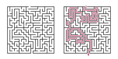 Vector Square Maze - Labyrinth with Included Solution in Black Red. Funny Educational Mind Game for Coordination, Problems Solving, Decision Making Skills Test.