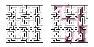 Vector Square Maze - Labyrinth with Included Solution in Black Red. Funny Educational Mind Game for Coordination, Problems Solving, Decision Making Skills Test.