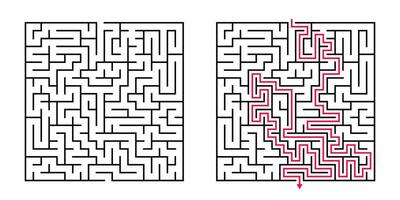 Vector Square Maze - Labyrinth with Included Solution in Black Red. Funny Educational Mind Game for Coordination, Problems Solving, Decision Making Skills Test.