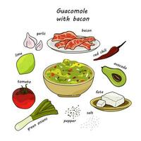 Guacomole with bacon. Recipe with filling ingredients for making guacamole. Avocado, bacon, tomato, salt, pepper, red chili, lime, onion, feta, garlic.  Vector illustration.