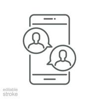 online meetup outline icon. Two people in dialog discussion group. Distant work. Online business chat and meet up together using tablet or smartphones Editable stroke Design on white background EPS 10 vector