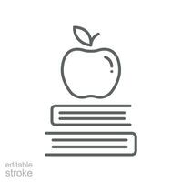 Apple on books knowledge line icon. School education symbol logo. Book stack and apple on the top for web mobile infographics. Editable stroke vector illustration design on white background EPS 10