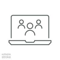 Online meetup line icon. Team business meeting with teamwork collaboration. Business startup and communication. Distant work group Editable stroke Vector illustration Design on white background EPS 10