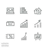 Sale icon outline set. Sales marketing include money growth, graph increase, ticket on sale, sale tag, chart. Traffic Management. Editable stroke Vector illustration Design on white background. EPS 10