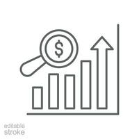 Sales forecasting outline icon. Analytics financial, business analysis. magnifying glass, bar graph observation budget estimate. Editable stroke Vector illustration Design on white background EPS 10