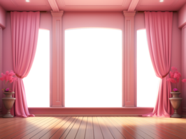 ai generativo Rosa quarto com de madeira chão e Rosa cortina, e ter uma janela transparente para vendo para fora, png