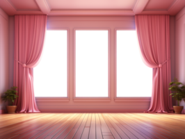 AI generative Pink room with wooden floor and pink curtain, and have a window transparent for seeing to outside, png