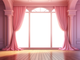 AI generative Pink room with wooden floor and pink curtain, and have a window transparent for seeing to outside, png