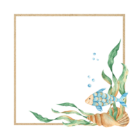 marina cuadrado marco, arena textura con linda pez, algas, rojo estrella de mar, conchas marinas y agua burbujas submarino mundo. acuarela mano dibujado ilustración para niños. para tarjetas, logos png