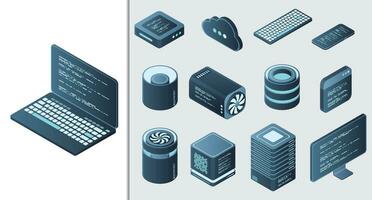 Set of isometric computer technology. Isometric set server equipment. Technology isometric icons. Digital technology items. Vector illustration