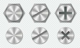 Set of metal bolt heads. Screw and bolt heads top view. Steel metal bolts. Vector illustration