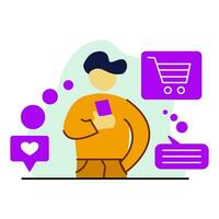 flat design illustration of a character holding a smartphone with icon accents around it on the theme of online shopping vector