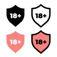 Flat design illustration of a shield with a shield icon and 18 letters in the middle depicting adult content vector