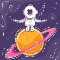 Chalkboard sketch of a cute astronaut on saturn Vector illustration