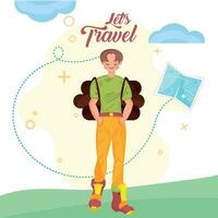 Cute male character with traveling bag Pastry colored travel poster Vector illustration