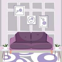 Colored living room with couch and plants indoor design Vector illustration