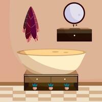 Colored bathroom with tub mirror and towel Indoor design Vector illustration