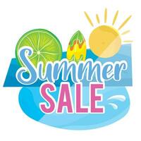 Colored summer sale banner with surfboard and sun Vector illustration