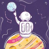 Cute chalkboard sketch of an astronaut on a planet Vector illustration