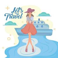 Cute girl character and cruise Pastry colored travel poster Vector illustration