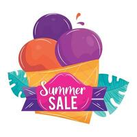 Colored summer sale banner with ribbon and ice cream sketch Vector illustration