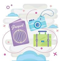 Passport suitcase and camera Pastry colored travel poster Vector illustration