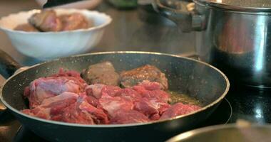 Frying meat on the pan video