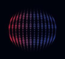 a red and blue halftone dot sphere on a black background, dot cmyk black gradient symbol logotype circular shape spiral halftone circle vector