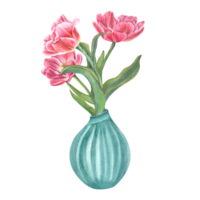 Floral composition of blooming tulips in ceramic vase. Bouquet of flowers with green leaves, ceramic vase. Interior decor, design element. Watercolor illustration for the design of postcards png