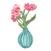 Blumen- Komposition von Blühen Tulpen im Keramik Vase. Strauß von Blumen mit Grün Blätter, Keramik Vase. Innere Dekor, Design Element. Aquarell Illustration zum das Design von Postkarten png