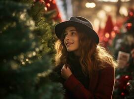 hermosa mujer oliendo Navidad árbol a fiesta tienda foto