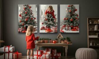 madre y niños sentado alrededor el Navidad árbol con Navidad presente. foto