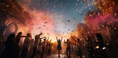 An evening at an outdoor music festival with confetti flying photo