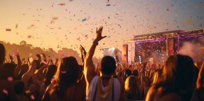 An evening at an outdoor music festival with confetti flying photo