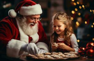 niños haciendo galletas con Papa Noel claus en su cocina foto