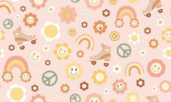 Pink baby groovy seamless pattern. Gentle retro 70s cartoon repeat background with smiling daisy, flowers, peace symbol, rainbow, roller skates. Vector nursery print, textile, fabric design.