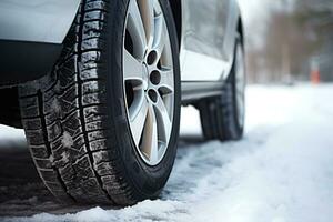 Car wheel with winter car on snow. Generative AI photo