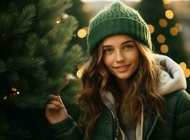 Cute girl with Christmas tree photo
