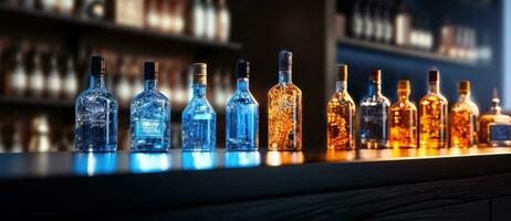 A kitchen counter lit with some bottles photo