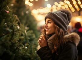 Beautiful woman smelling christmas tree at holiday shop photo