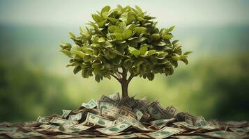 dinero flores árbol floreciente en un pila de efectivo para inversión y financiero crecimiento conceptos foto