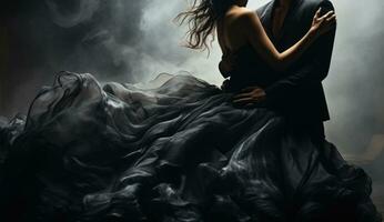 A couple are dressed in expensive designer gowns, in the style of dark tonality photo