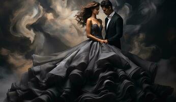 A couple are dressed in expensive designer gowns, in the style of dark tonality photo