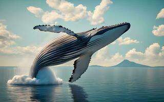 un asombroso 3d ilustración de un majestuoso jorobado de ballena espectacular incumplimiento. ai generado foto
