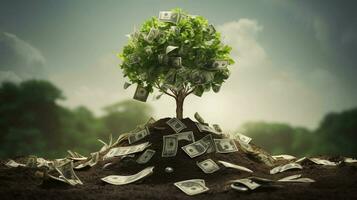 Money Blossoms. Tree Flourishing on a Pile of Cash for Investment and Financial Growth Concepts photo