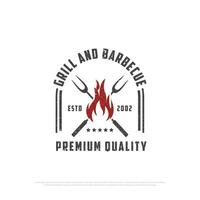 Grill house barbecue  logo design with grunge style, retro BBQ vector, barbeque bar and restaurant icon, Red fire icon vector illustration