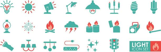 Set of Light. Solid icon simple style. Contains such Icons as Table Lamp, Floor Lights, Spotlights, Traffic lights, Sun, and more. vector