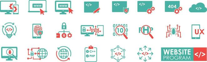 Set of Website Program. Solid icon simple style. Software development icon collection. Programmer and developer symbol vector illustration.